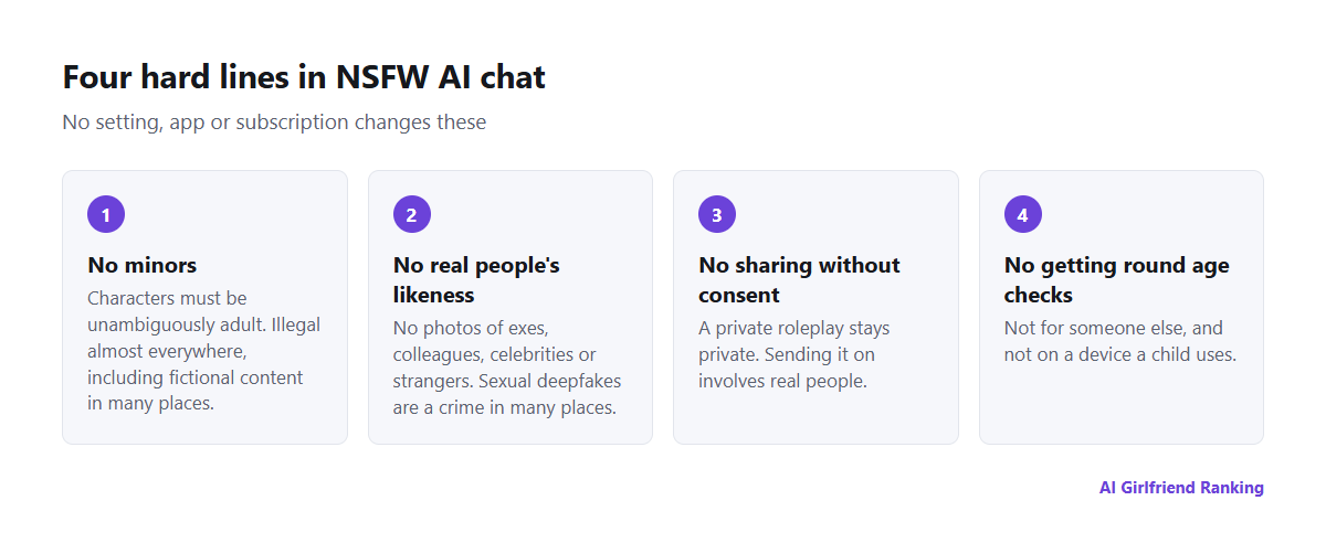 Four hard lines in NSFW AI chat: no minors, no real people's likeness, no sharing without consent, and no bypassing age checks