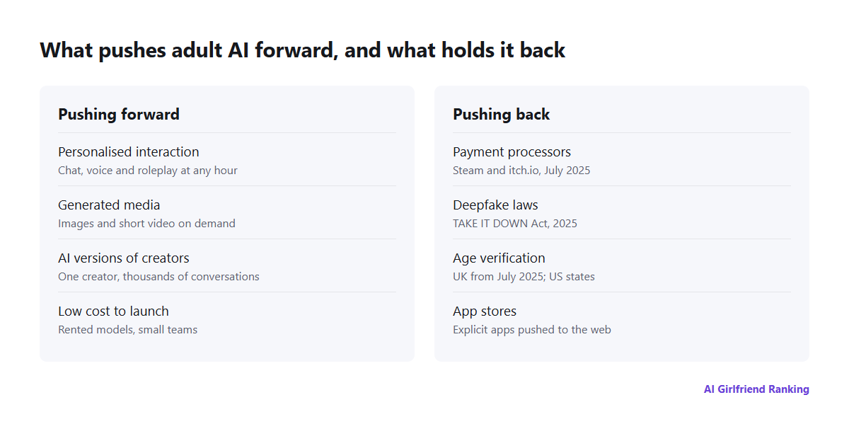 Forces shaping AI in the adult industry: personalisation, generated media and AI clones pushing it forward; payment processors, deepfake laws, age checks and app stores pushing back