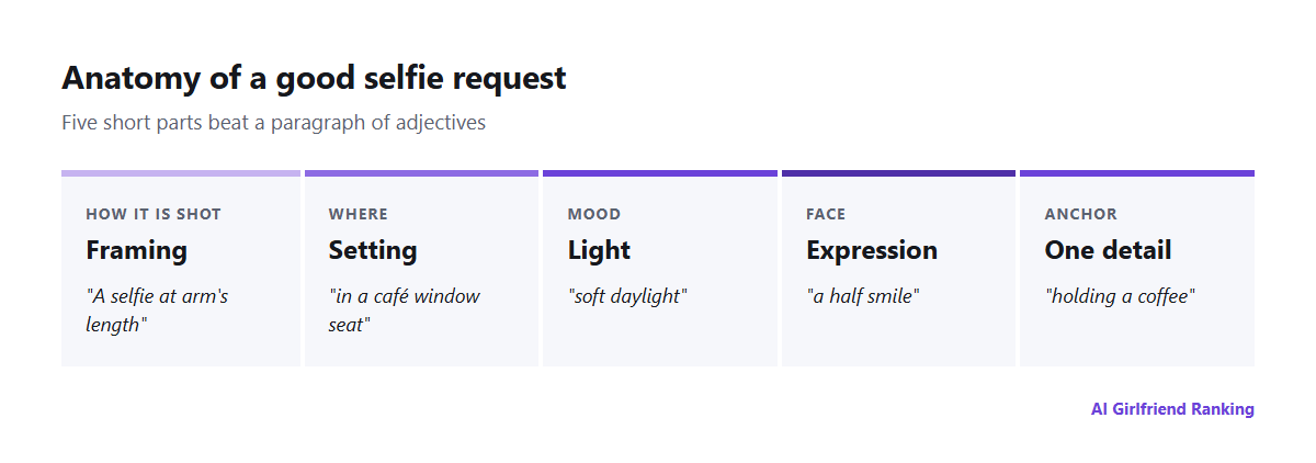 Anatomy of an AI selfie request: framing, setting, light, expression and one detail, with an example for each