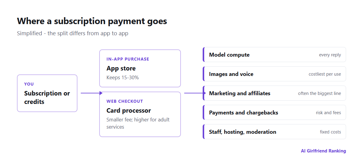 Diagram of how money flows through an AI companion app: the user pays through an app store or web checkout, the store takes a commission, and the company pays for model compute, image and voice generation, payment processing, affiliate commissions and staff