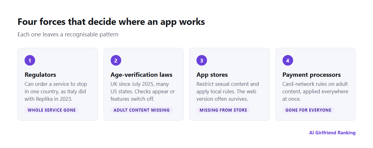Four forces that restrict AI companion apps by country: regulators, age-verification laws, app stores and payment processors