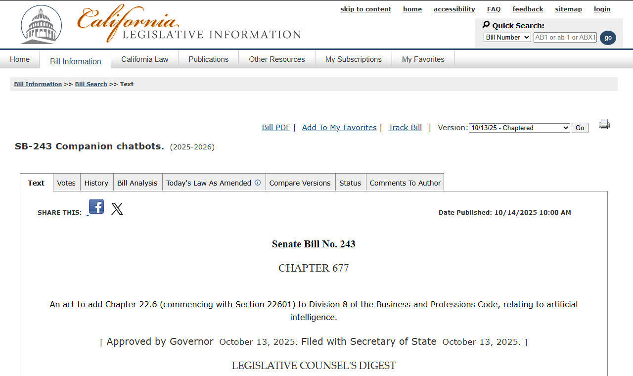 California Legislative Information page for Senate Bill 243 on companion chatbots